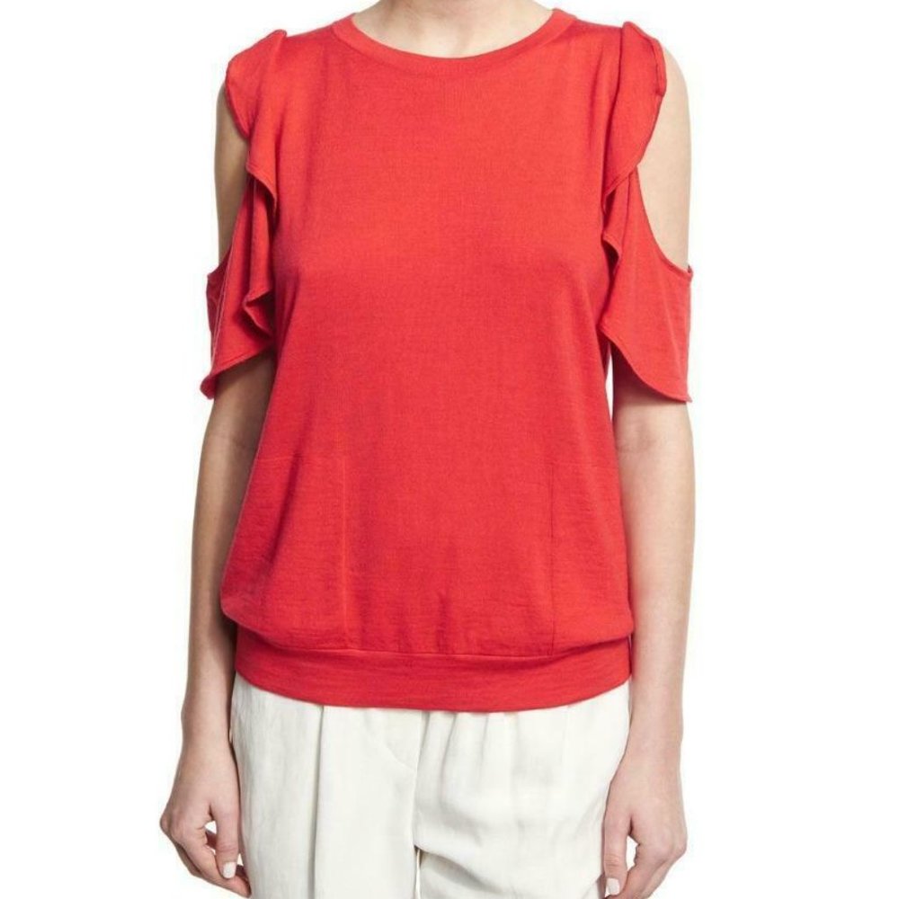 BRUNELLO CUCINELLI  cashmere wool blend ruffle  Red top Sweater sz L New $1775